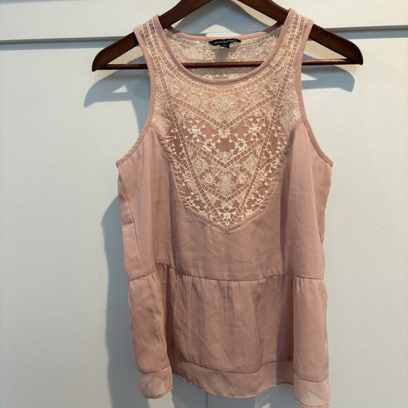 American Eagle Top Women Small Blush Pink Lace Peplum Sheer Mesh Soft Girl - Picture 1 of 14